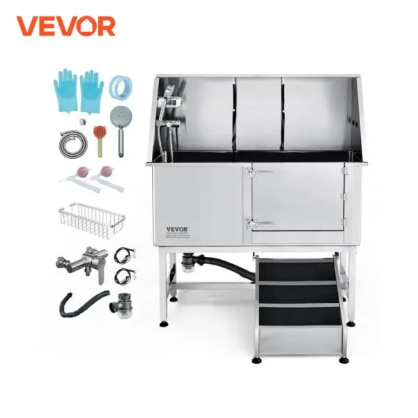 VEVOR 62" Pet Dog Grooming Tub Stainless Steel with Ramp Faucet Accessory Bathing Station for Large Small Pet Washing Sink